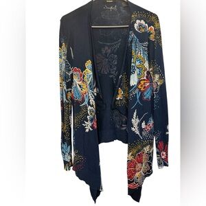 Desigual Blue Vibrant Floral Cardigan Open Waterfall Women's Sz M Sequins Spring